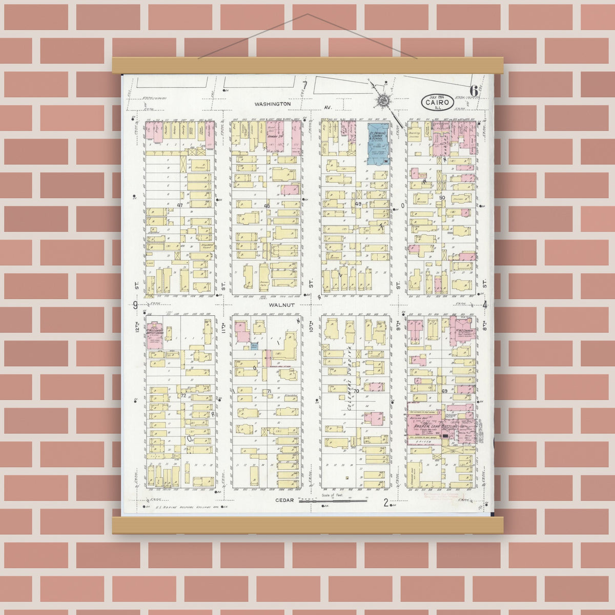 Old map wall art mockup — magnetic wood frame on brick wall — Sanborn Fire Insurance Map from Cairo, Alexander County, Illinois (1914), Sheet #0006