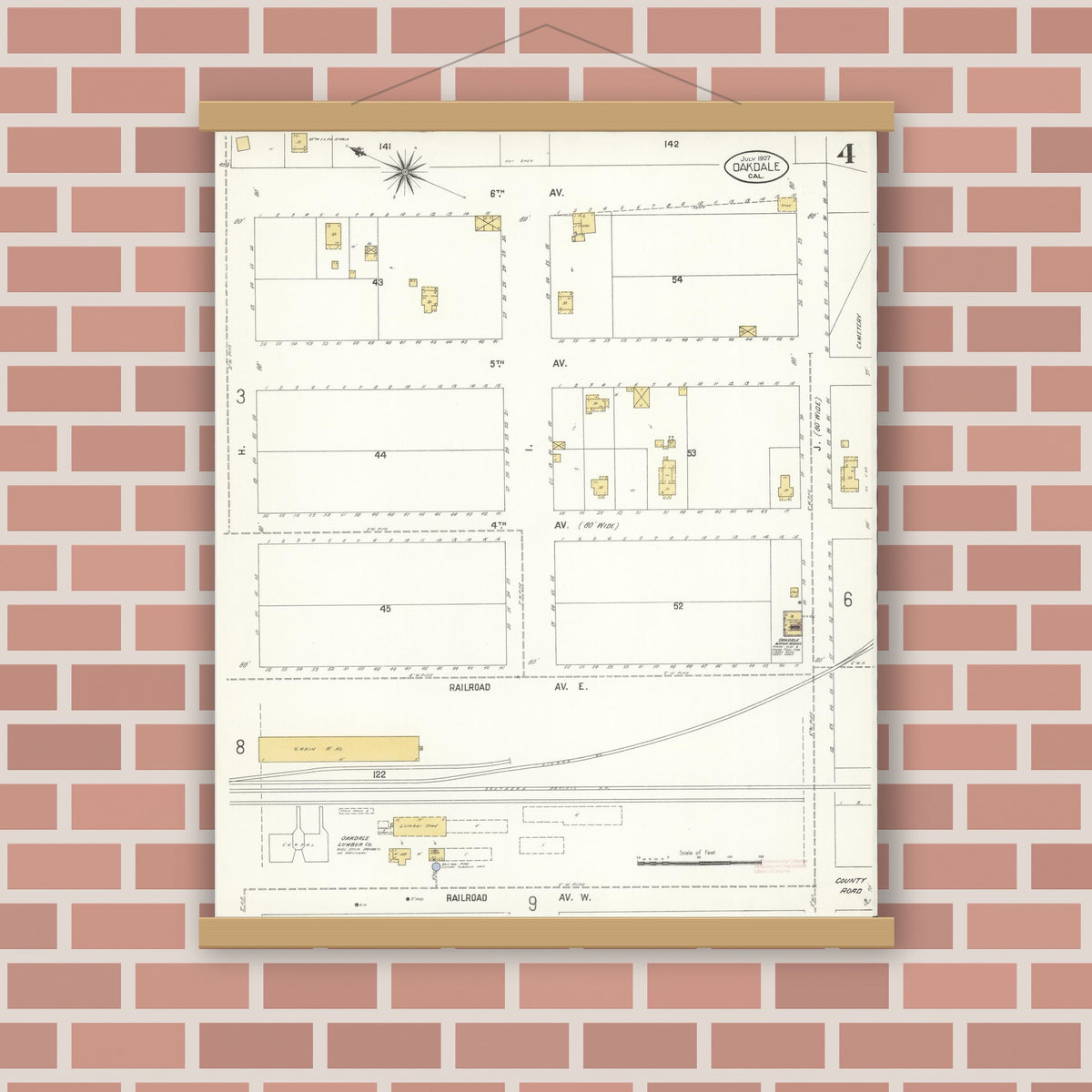 Old map wall art mockup — magnetic wood frame on brick wall — Sanborn Fire Insurance Map from Oakdale, Stanislaus County, California (1907), Sheet #0004