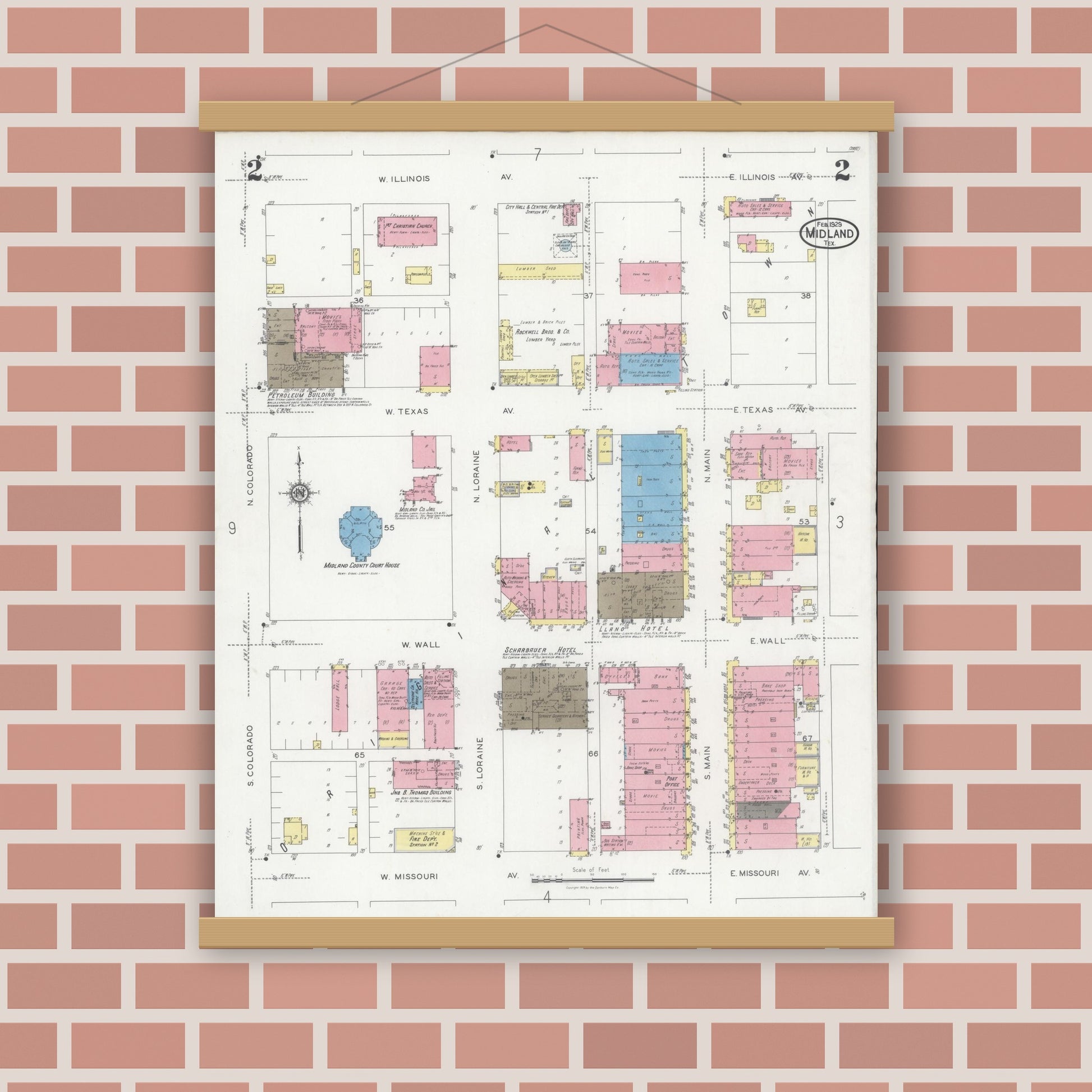Old map wall art mockup — magnetic wood frame on brick wall — Sanborn Fire Insurance Map from Midland, Midland County, Texas (1929), Sheet #0002