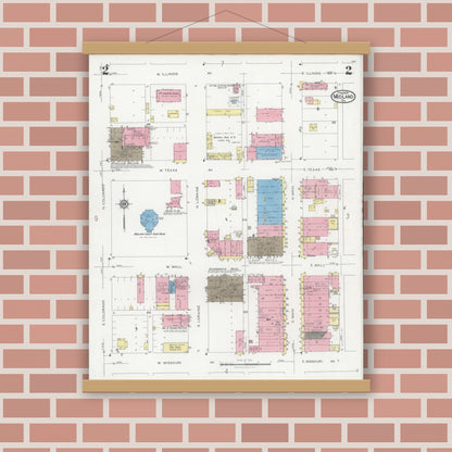 Old map wall art mockup — magnetic wood frame on brick wall — Sanborn Fire Insurance Map from Midland, Midland County, Texas (1929), Sheet #0002