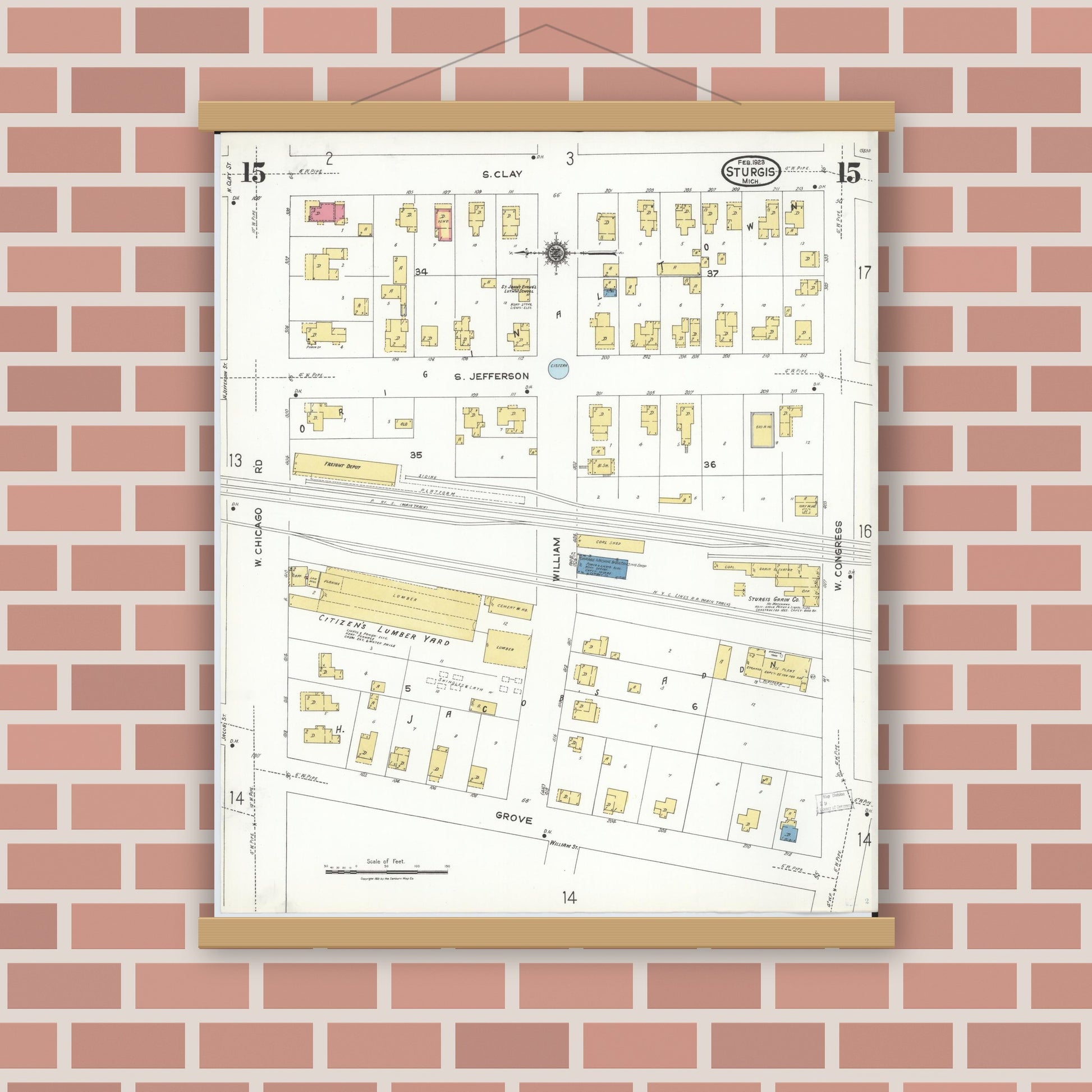 Old map wall art mockup — magnetic wood frame on brick wall — Sanborn Fire Insurance Map from Sturgis, Saint Joseph County, Michigan (1923), Sheet #0015