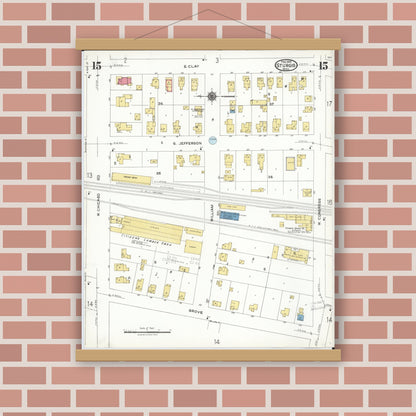Old map wall art mockup — magnetic wood frame on brick wall — Sanborn Fire Insurance Map from Sturgis, Saint Joseph County, Michigan (1923), Sheet #0015