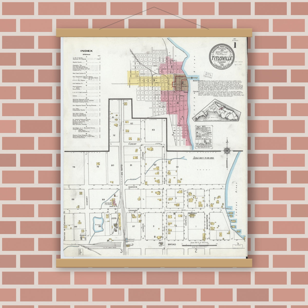 Old map wall art mockup — magnetic wood frame on brick wall — Sanborn Fire Insurance Map from Titusville, Brevard County, Florida (1920) - Complete Map Set