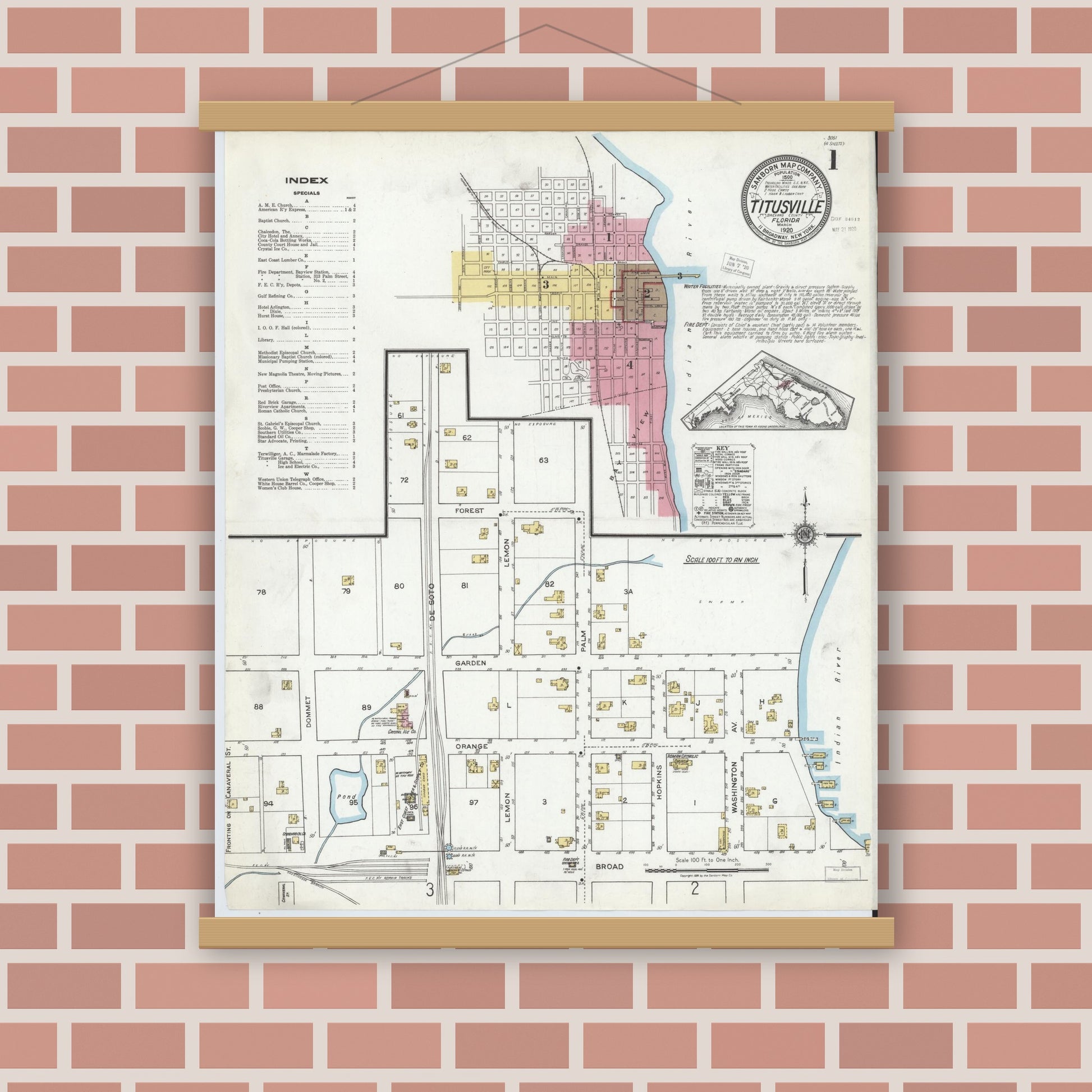 Old map wall art mockup — magnetic wood frame on brick wall — Sanborn Fire Insurance Map from Titusville, Brevard County, Florida (1920) - Complete Map Set