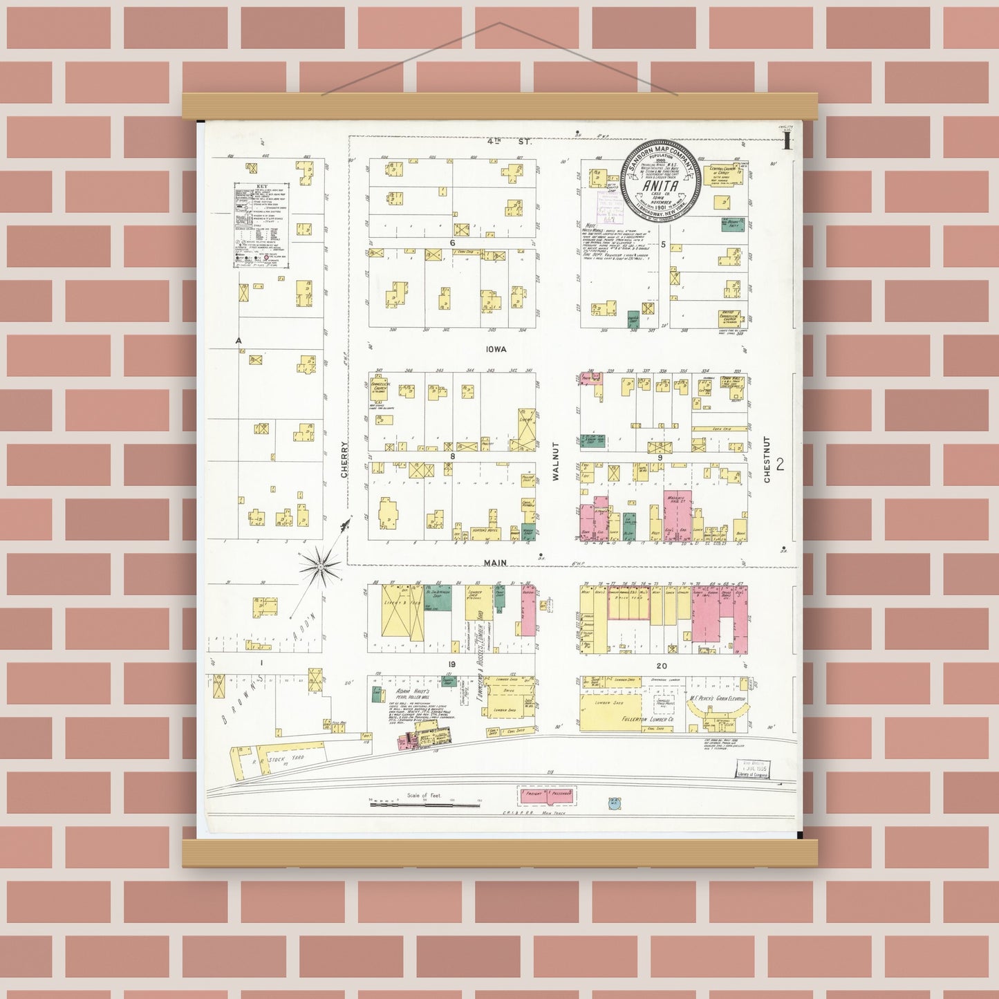 Old map wall art mockup — magnetic wood frame on brick wall — Sanborn Fire Insurance Map from Anita, Cass County, Iowa (1901), Sheet #0001