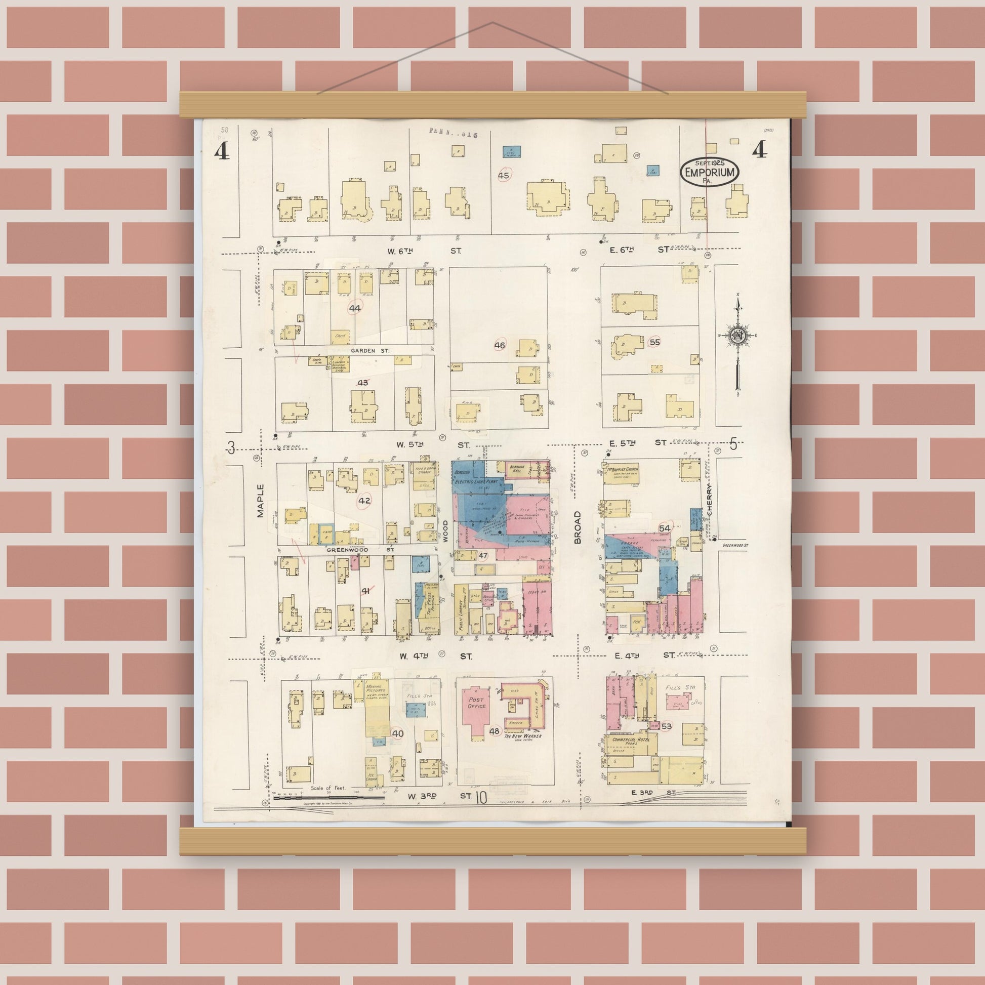 Old map wall art mockup — magnetic wood frame on brick wall — Sanborn Fire Insurance Map from Emporium, Cameron County, Pennsylvania (1938), Sheet #0004