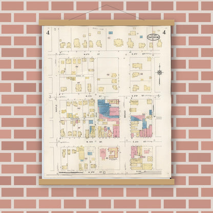 Old map wall art mockup — magnetic wood frame on brick wall — Sanborn Fire Insurance Map from Emporium, Cameron County, Pennsylvania (1938), Sheet #0004