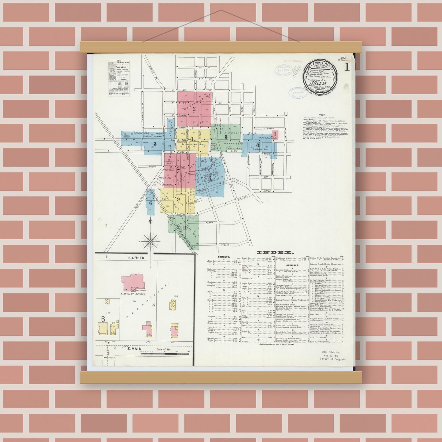 Old map wall art mockup — magnetic wood frame on brick wall — Sanborn Fire Insurance Map from Salem, Columbiana County, Ohio (1898), Sheet #0001