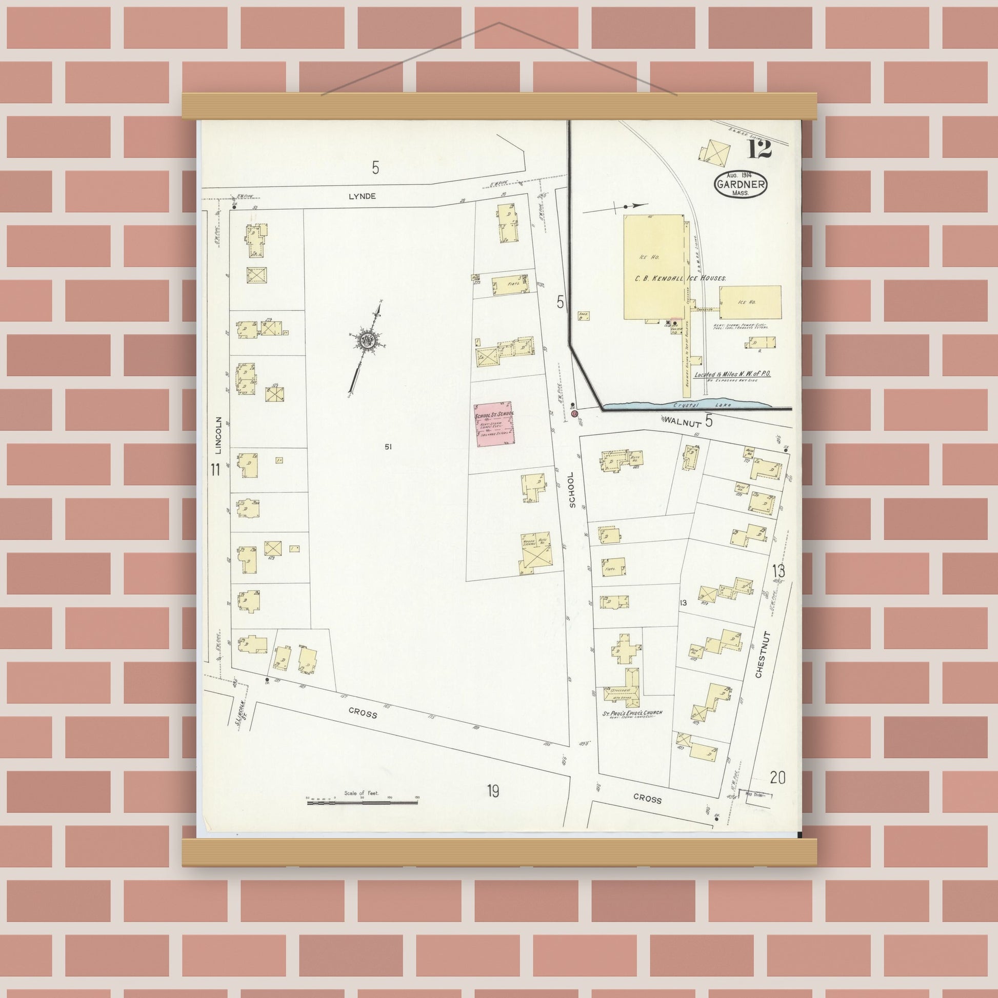 Old map wall art mockup — magnetic wood frame on brick wall — Sanborn Fire Insurance Map from Gardner, Worcester County, Massachusetts (1914), Sheet #0012