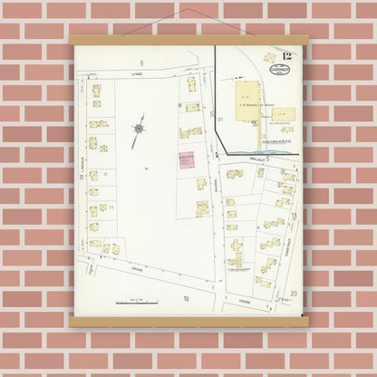 Old map wall art mockup — magnetic wood frame on brick wall — Sanborn Fire Insurance Map from Gardner, Worcester County, Massachusetts (1914), Sheet #0012