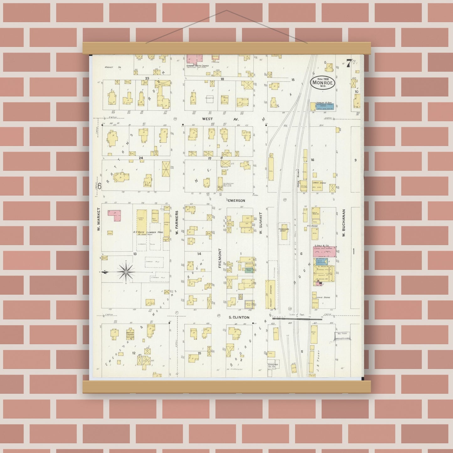 Old map wall art mockup — magnetic wood frame on brick wall — Sanborn Fire Insurance Map from Monroe, Green County, Wisconsin (1908), Sheet #0007