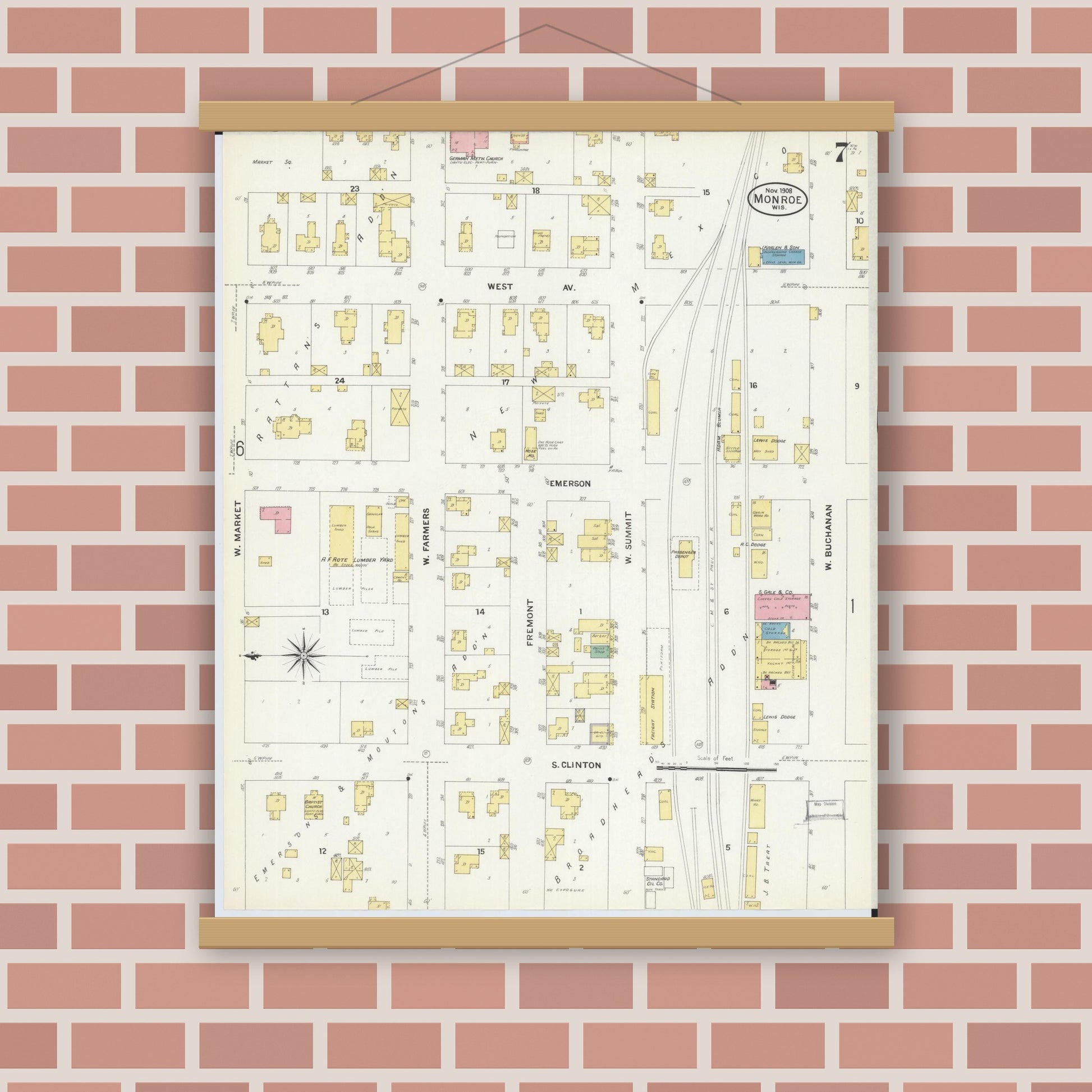 Old map wall art mockup — magnetic wood frame on brick wall — Sanborn Fire Insurance Map from Monroe, Green County, Wisconsin (1908), Sheet #0007