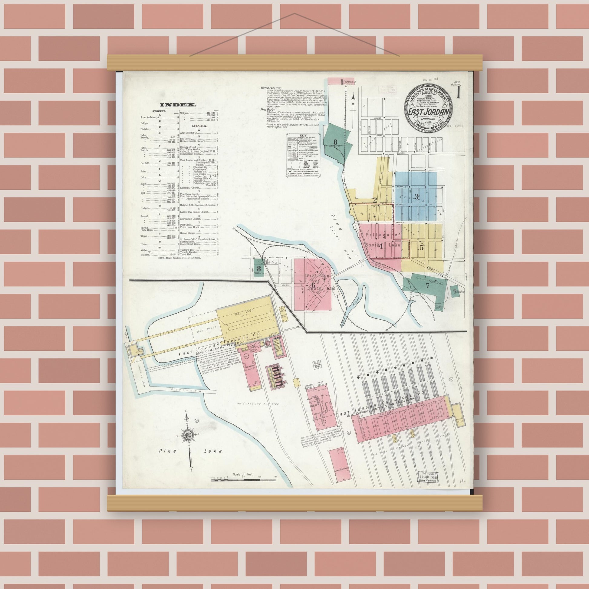 Old map wall art mockup — magnetic wood frame on brick wall — Sanborn Fire Insurance Map from East Jordan, Charlevoix County, Michigan (1912), Sheet #0001