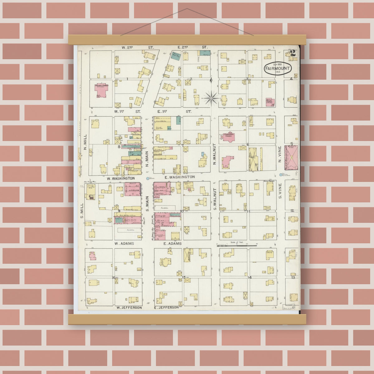 Old map wall art mockup — magnetic wood frame on brick wall — Sanborn Fire Insurance Map from Fairmount, Grant County, Indiana (1893), Sheet #0002