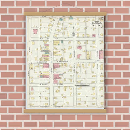 Old map wall art mockup — magnetic wood frame on brick wall — Sanborn Fire Insurance Map from Fairmount, Grant County, Indiana (1893), Sheet #0002