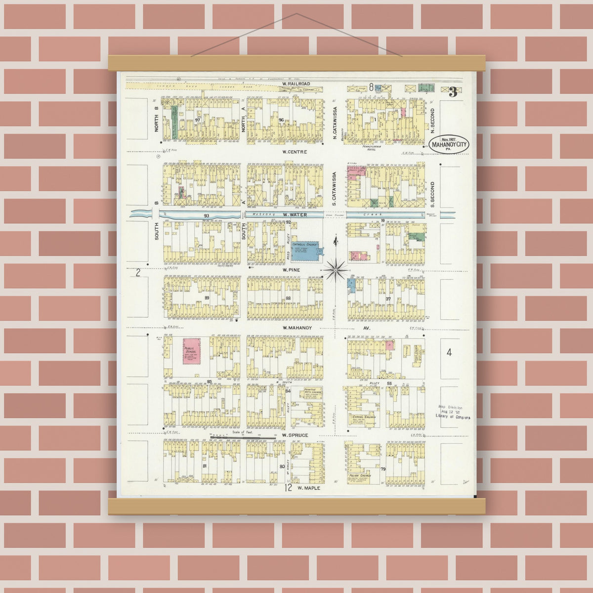 Old map wall art mockup — magnetic wood frame on brick wall — Sanborn Fire Insurance Map from Mahanoy City, Schuylkill County, Pennsylvania (1907), Sheet #0003