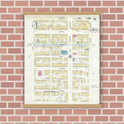 Old map wall art mockup — magnetic wood frame on brick wall — Sanborn Fire Insurance Map from Mahanoy City, Schuylkill County, Pennsylvania (1907), Sheet #0003