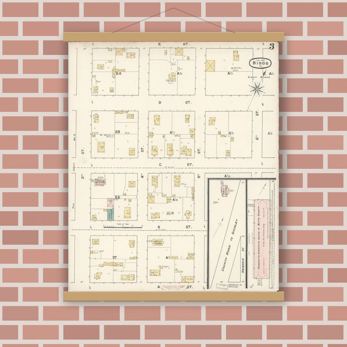 Old map wall art mockup — magnetic wood frame on brick wall — Sanborn Fire Insurance Map from Biggs, Butte County, California (1890), Sheet #0003