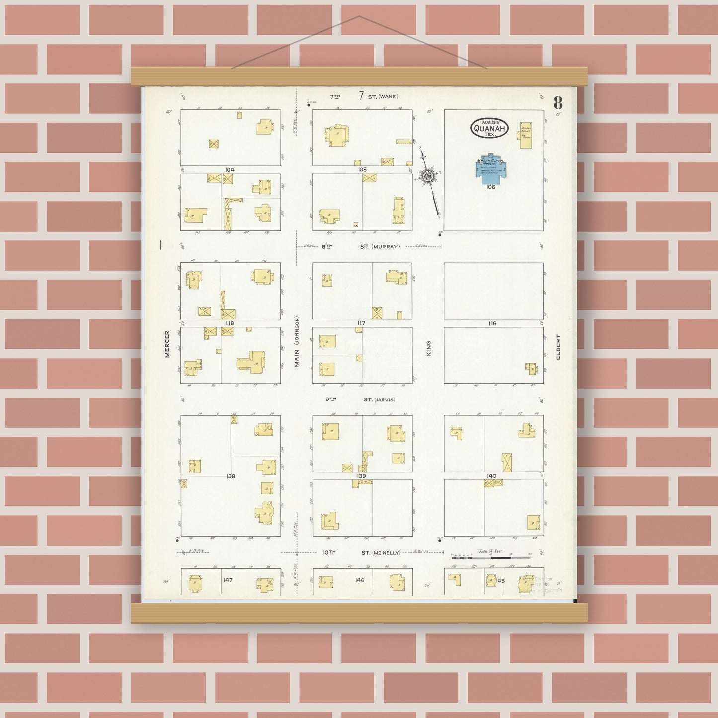 Old map wall art mockup — magnetic wood frame on brick wall — Sanborn Fire Insurance Map from Quanah, Hardeman County, Texas (1915), Sheet #0008