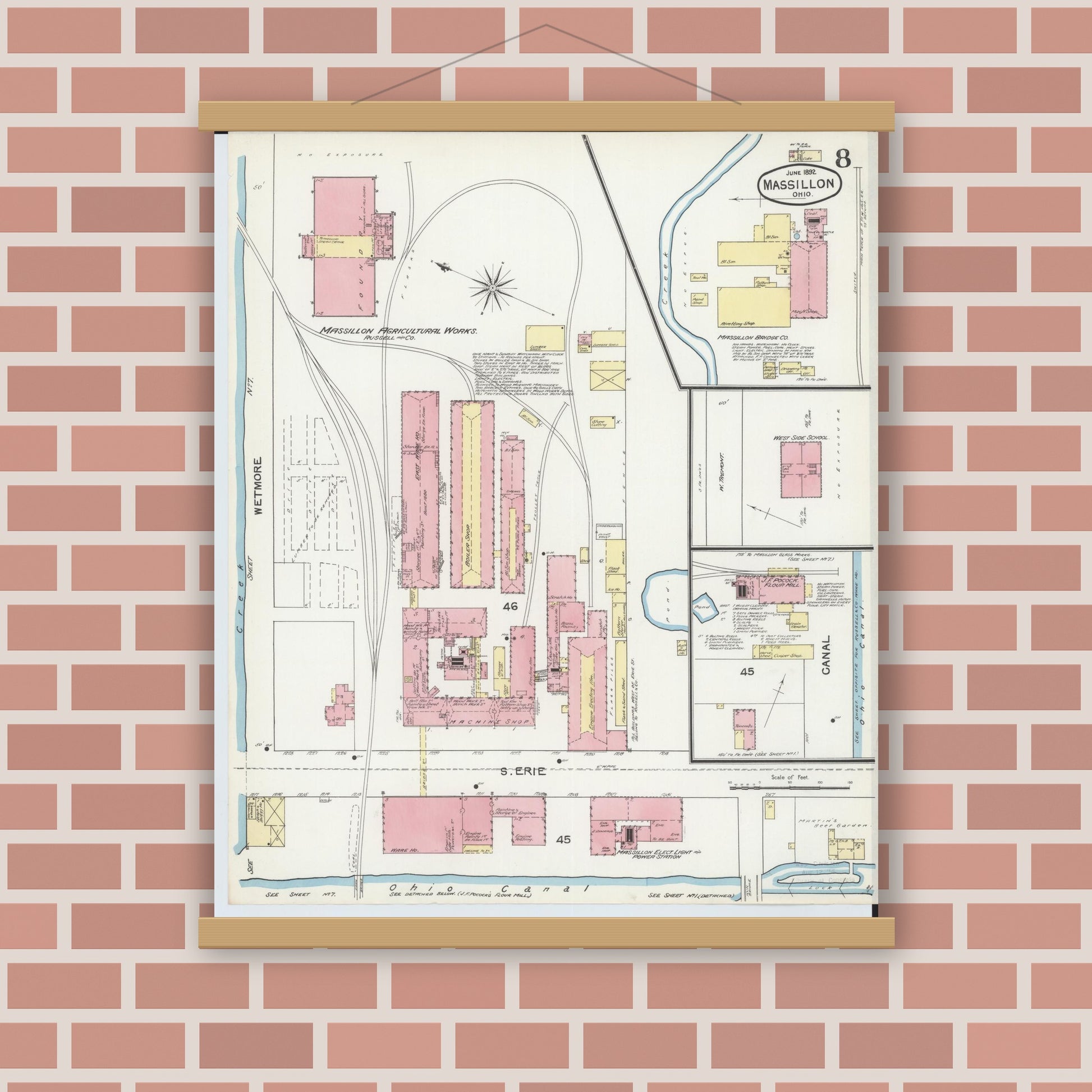 Old map wall art mockup — magnetic wood frame on brick wall — Sanborn Fire Insurance Map from Massillon, Stark County, Ohio (1892), Sheet #0008