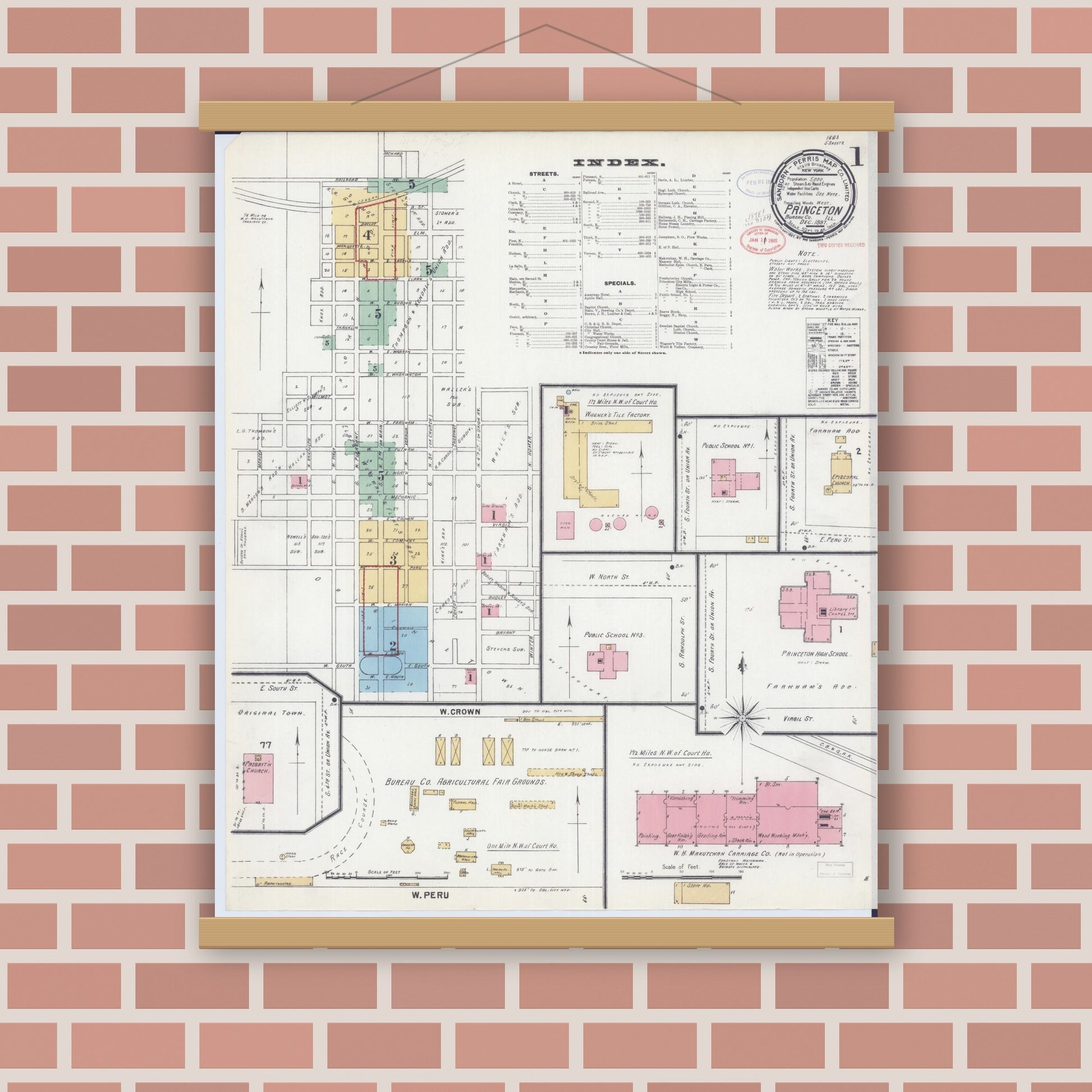 Old map wall art mockup — magnetic wood frame on brick wall — Sanborn Fire Insurance Map from Princeton, Bureau County, Illinois (1897) - Complete Map Set