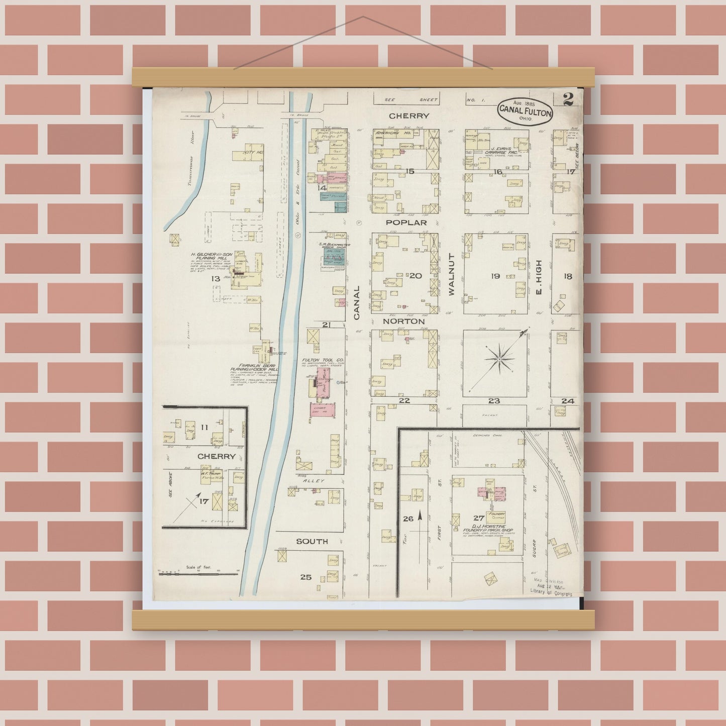 Old map wall art mockup — magnetic wood frame on brick wall — Sanborn Fire Insurance Map from Canal Fulton, Stark County, Ohio (1885), Sheet #0002