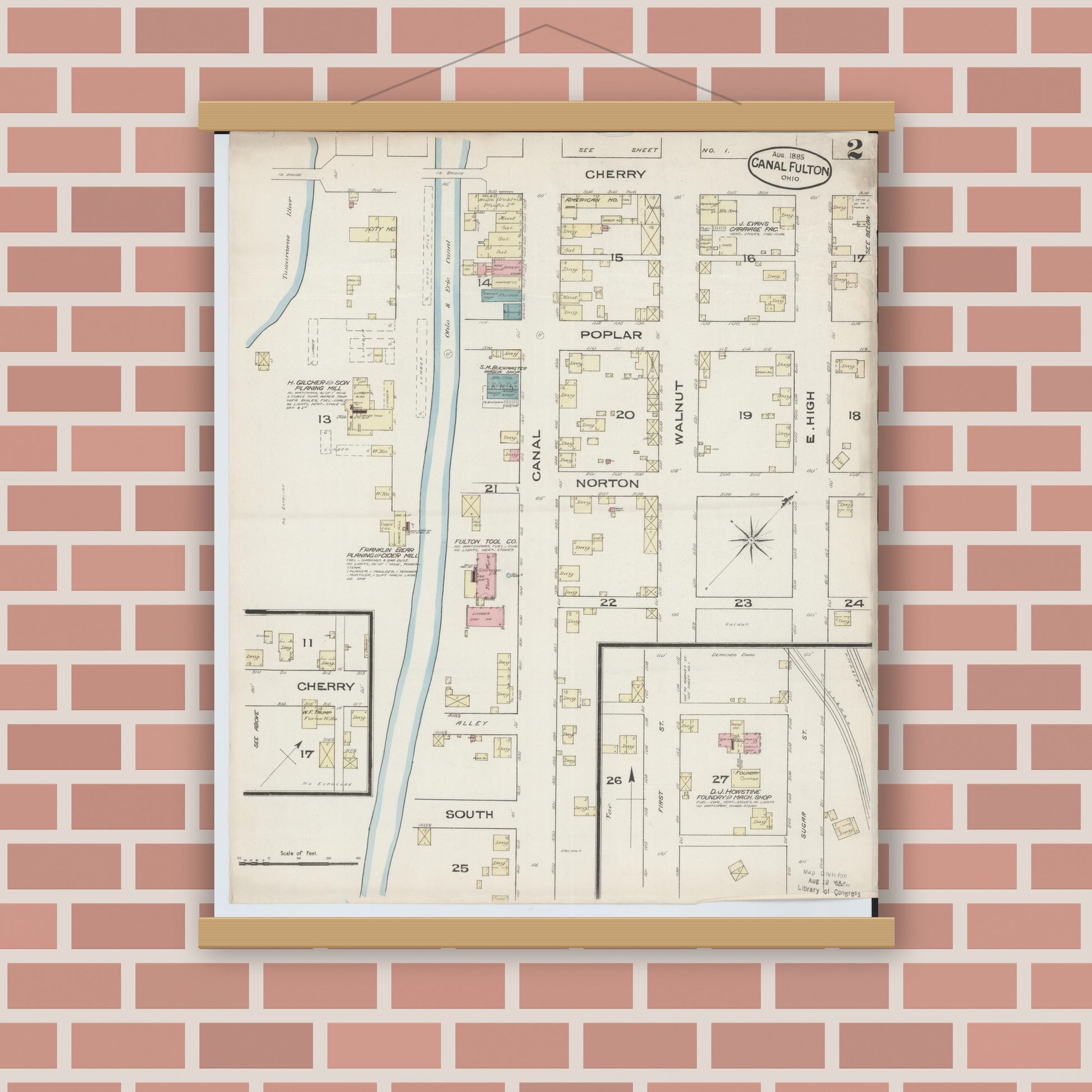 Old map wall art mockup — magnetic wood frame on brick wall — Sanborn Fire Insurance Map from Canal Fulton, Stark County, Ohio (1885), Sheet #0002