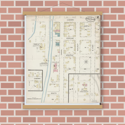 Old map wall art mockup — magnetic wood frame on brick wall — Sanborn Fire Insurance Map from Canal Fulton, Stark County, Ohio (1885), Sheet #0002