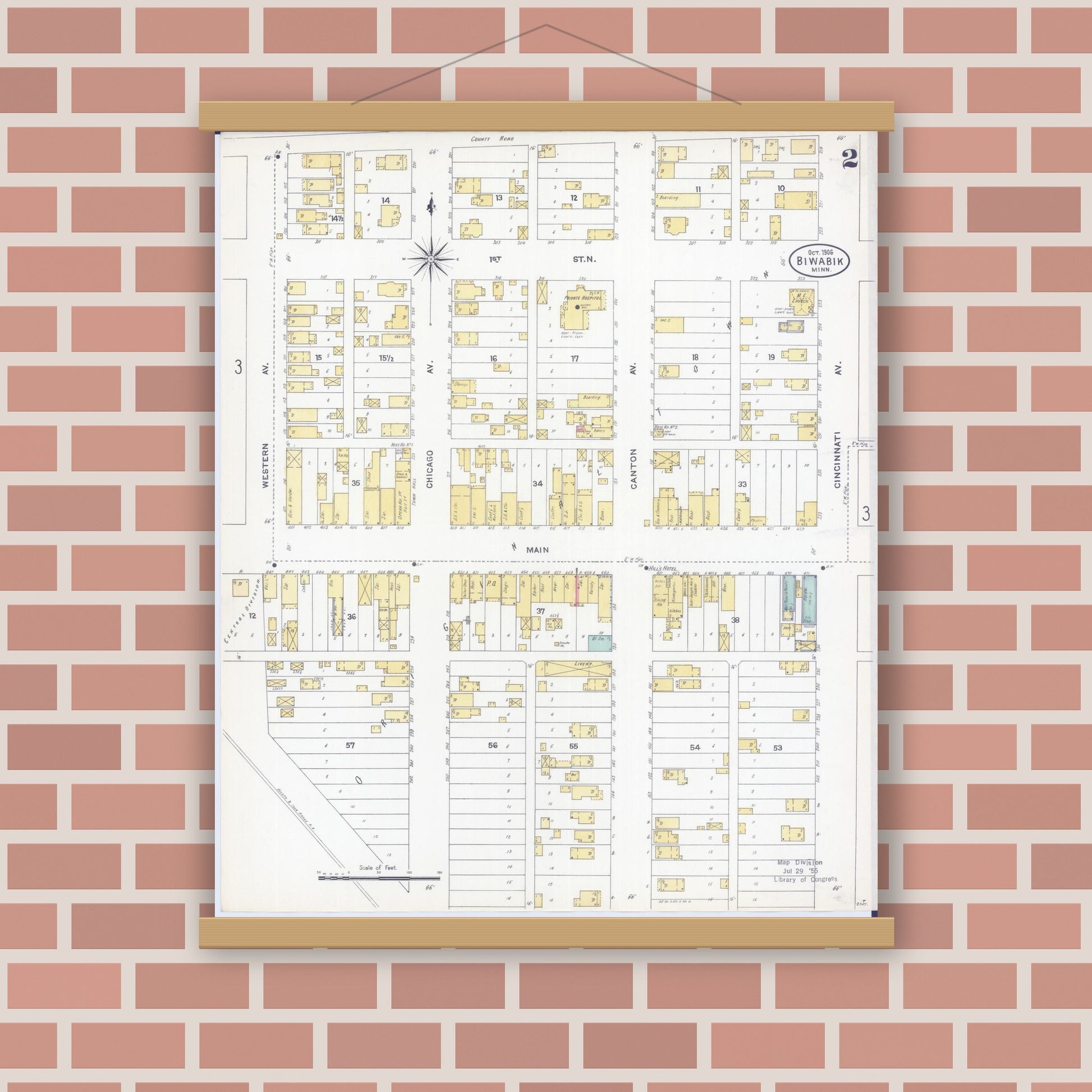 Old map wall art mockup — magnetic wood frame on brick wall — Sanborn Fire Insurance Map from Biwabik, Saint Louis County, Minnesota (1906), Sheet #0002