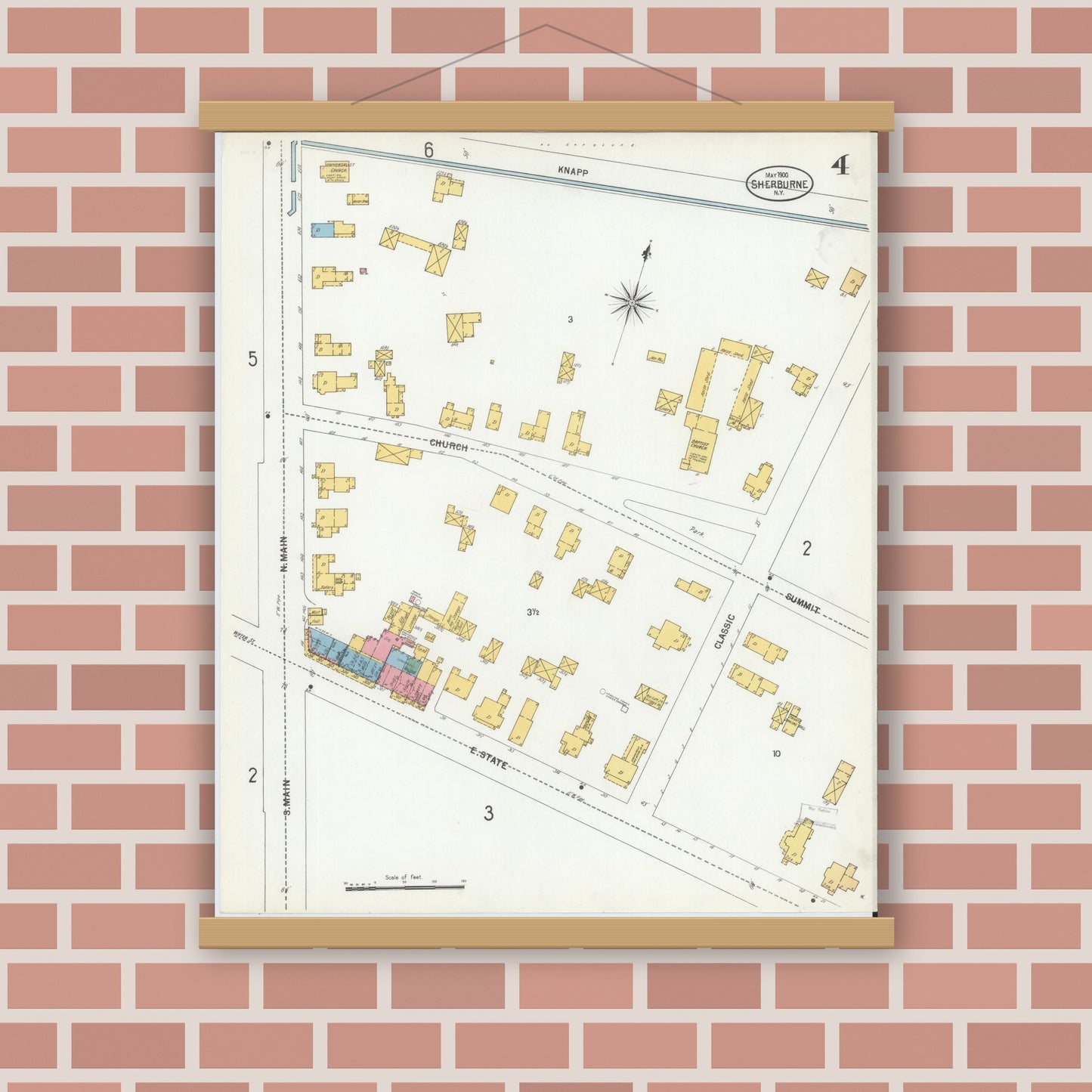 Old map wall art mockup — magnetic wood frame on brick wall — Sanborn Fire Insurance Map from Sherburne, Chenango County, New York (1900), Sheet #0004