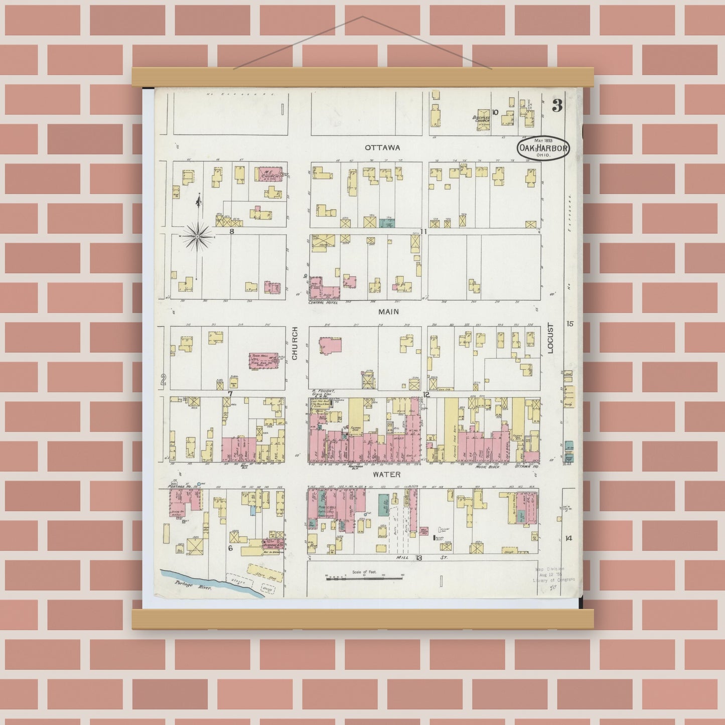 Old map wall art mockup — magnetic wood frame on brick wall — Sanborn Fire Insurance Map from Oak Harbor, Ottawa County, Ohio (1893), Sheet #0003