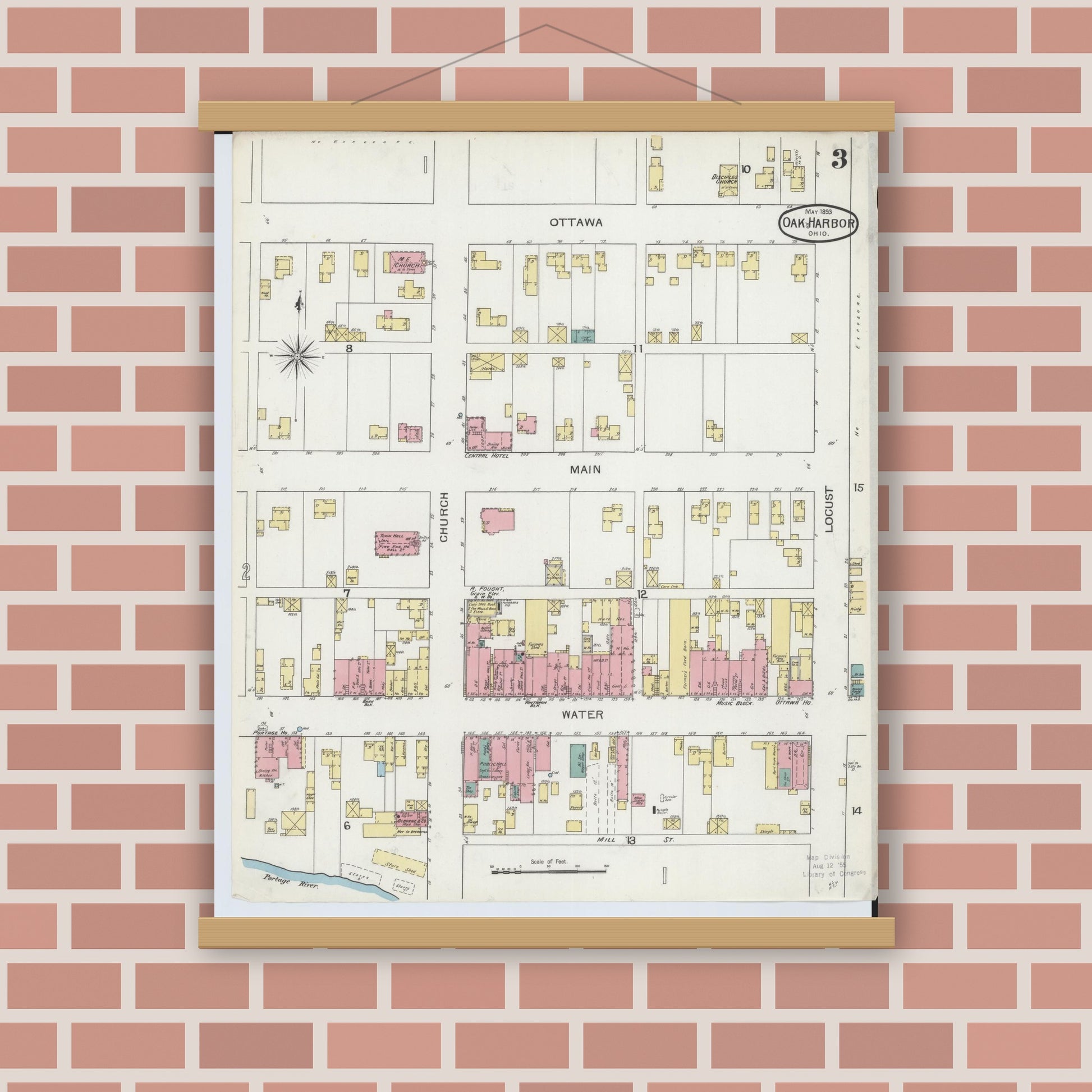 Old map wall art mockup — magnetic wood frame on brick wall — Sanborn Fire Insurance Map from Oak Harbor, Ottawa County, Ohio (1893), Sheet #0003