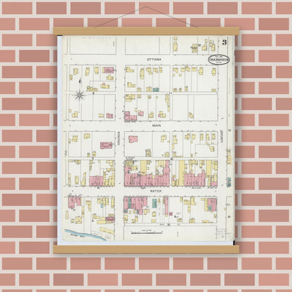 Old map wall art mockup — magnetic wood frame on brick wall — Sanborn Fire Insurance Map from Oak Harbor, Ottawa County, Ohio (1893), Sheet #0003