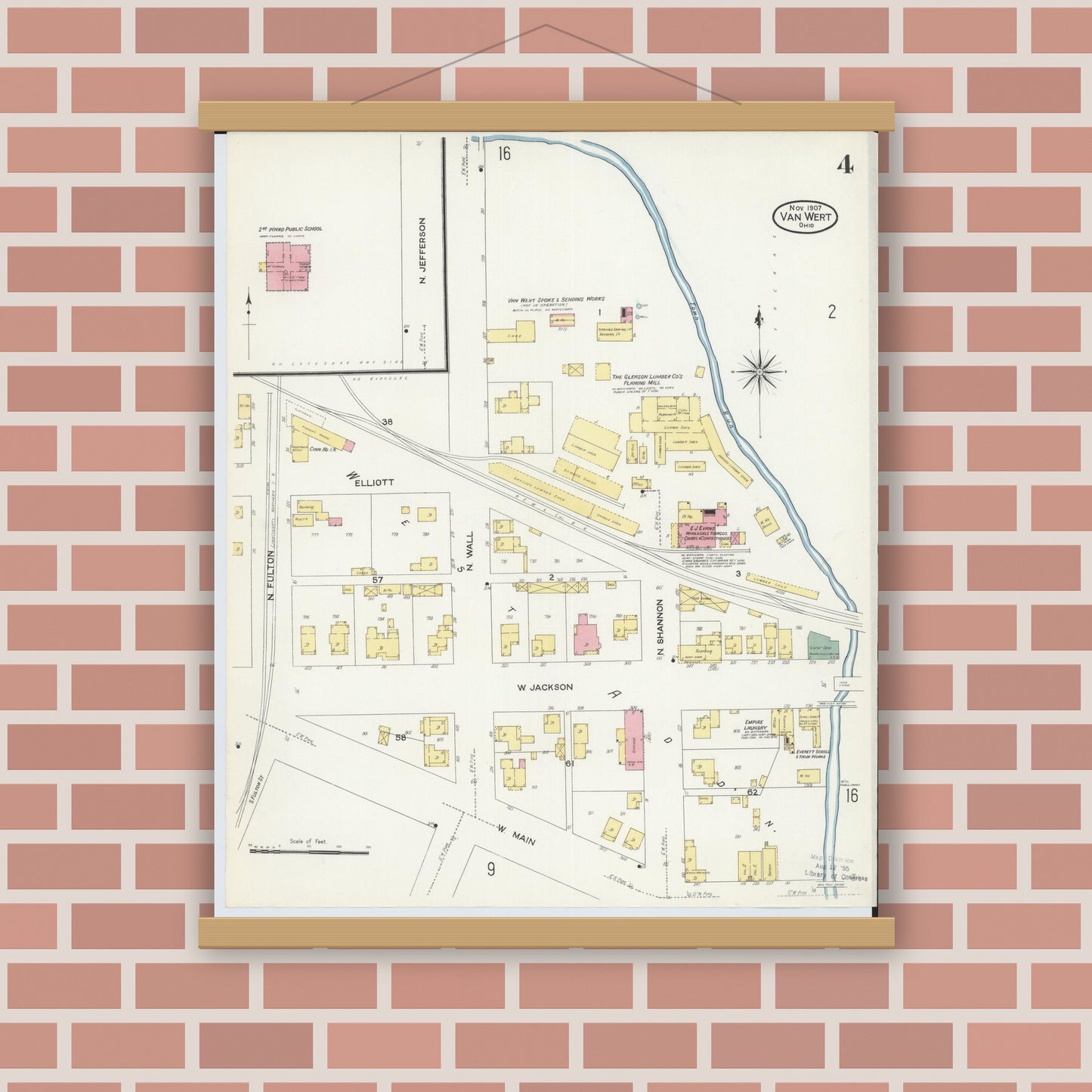 Old map wall art mockup — magnetic wood frame on brick wall — Sanborn Fire Insurance Map from Van Wert, Van Wert County, Ohio (1907), Sheet #0004