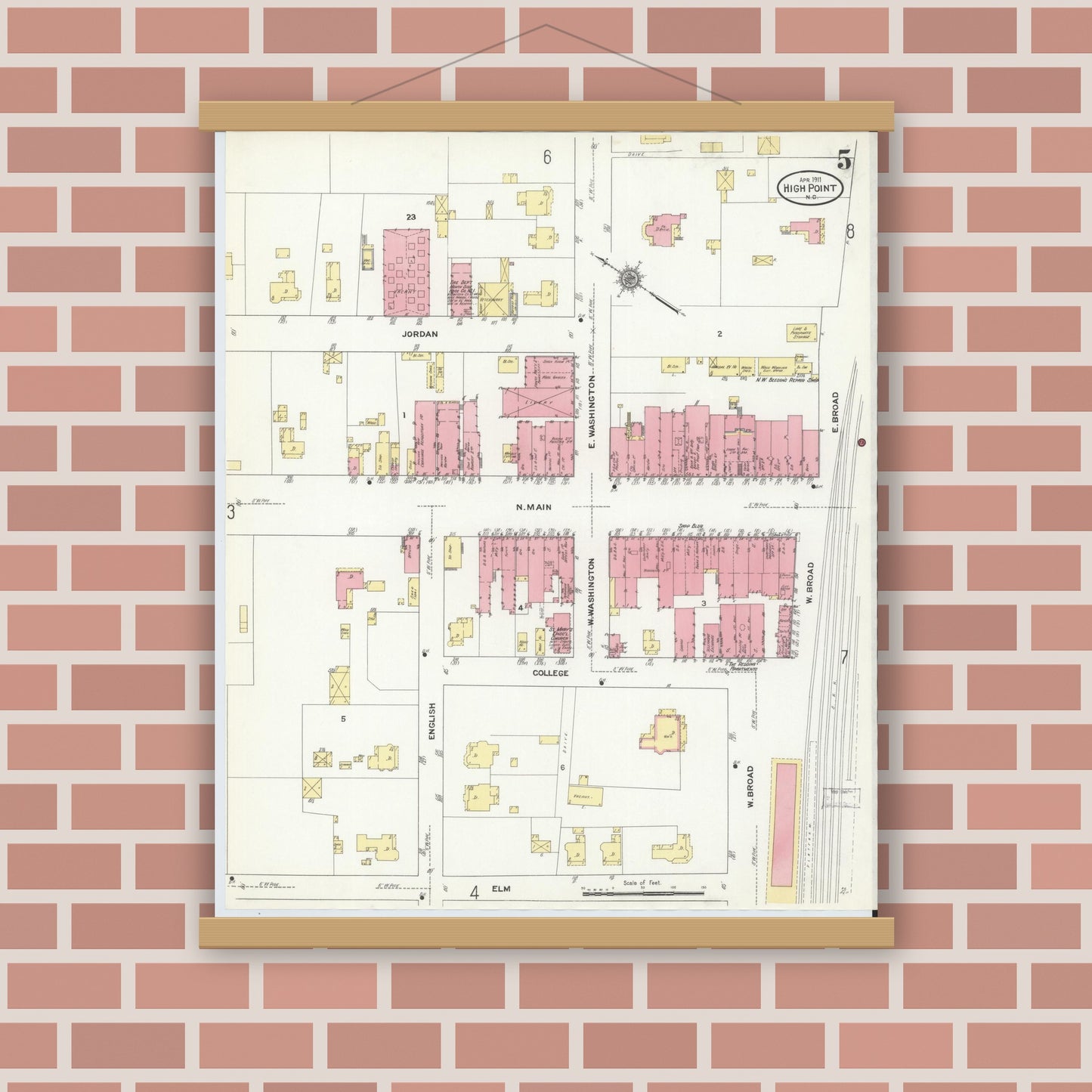 Old map wall art mockup — magnetic wood frame on brick wall — Sanborn Fire Insurance Map from High Point, Guilford County, North Carolina (1911), Sheet #0005