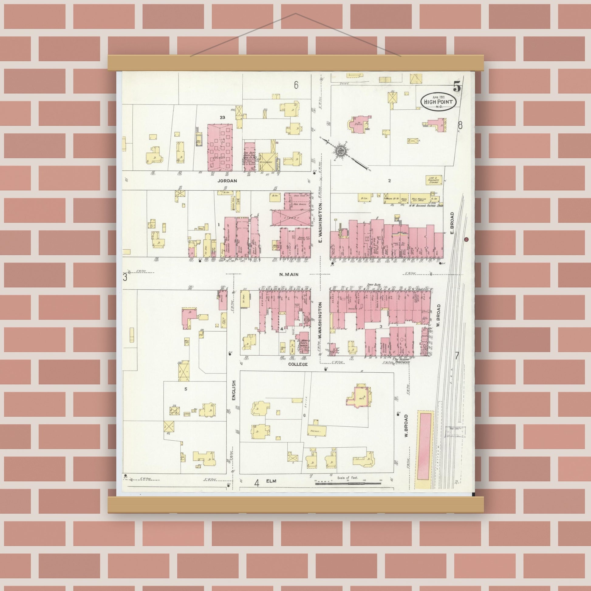 Old map wall art mockup — magnetic wood frame on brick wall — Sanborn Fire Insurance Map from High Point, Guilford County, North Carolina (1911), Sheet #0005