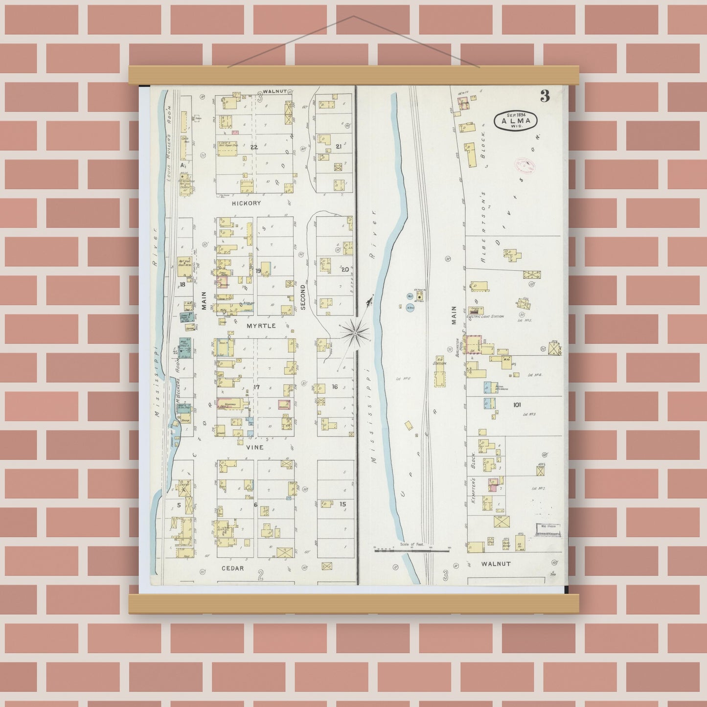 Old map wall art mockup — magnetic wood frame on brick wall — Sanborn Fire Insurance Map from Alma, Buffalo County, Wisconsin (1894), Sheet #0003