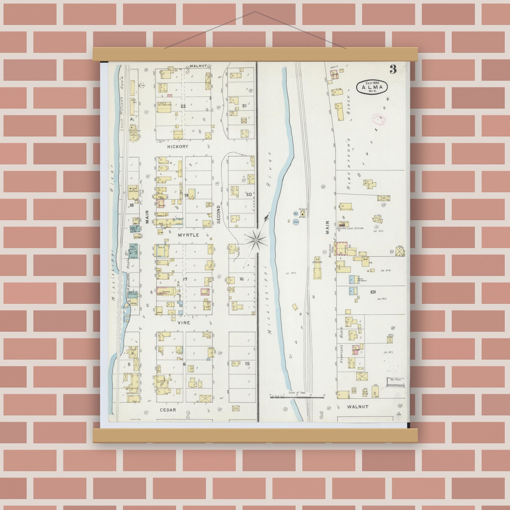 Old map wall art mockup — magnetic wood frame on brick wall — Sanborn Fire Insurance Map from Alma, Buffalo County, Wisconsin (1894), Sheet #0003