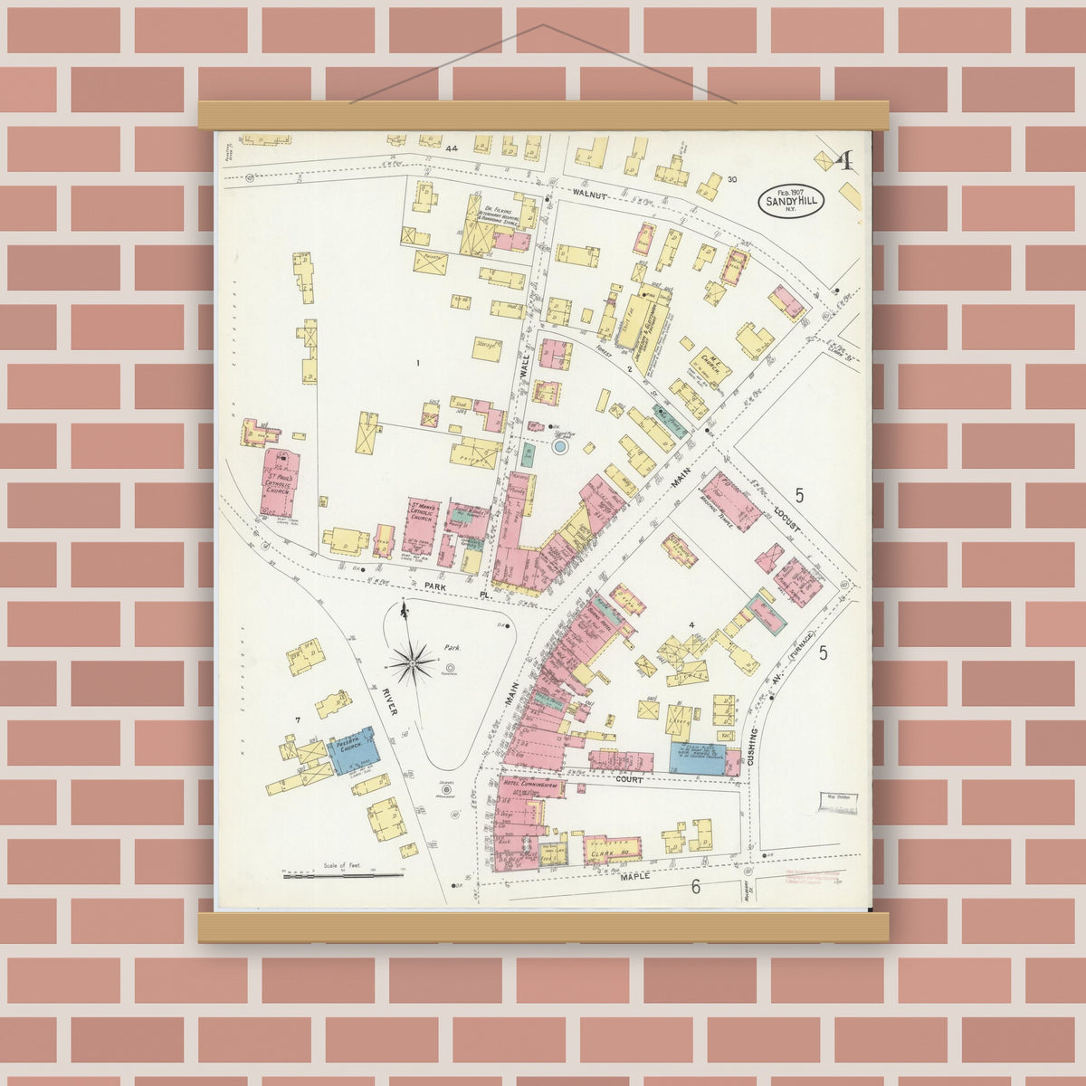 Old map wall art mockup — magnetic wood frame on brick wall — Sanborn Fire Insurance Map from Sandy Hill, Washington County, New York (1907), Sheet #0004
