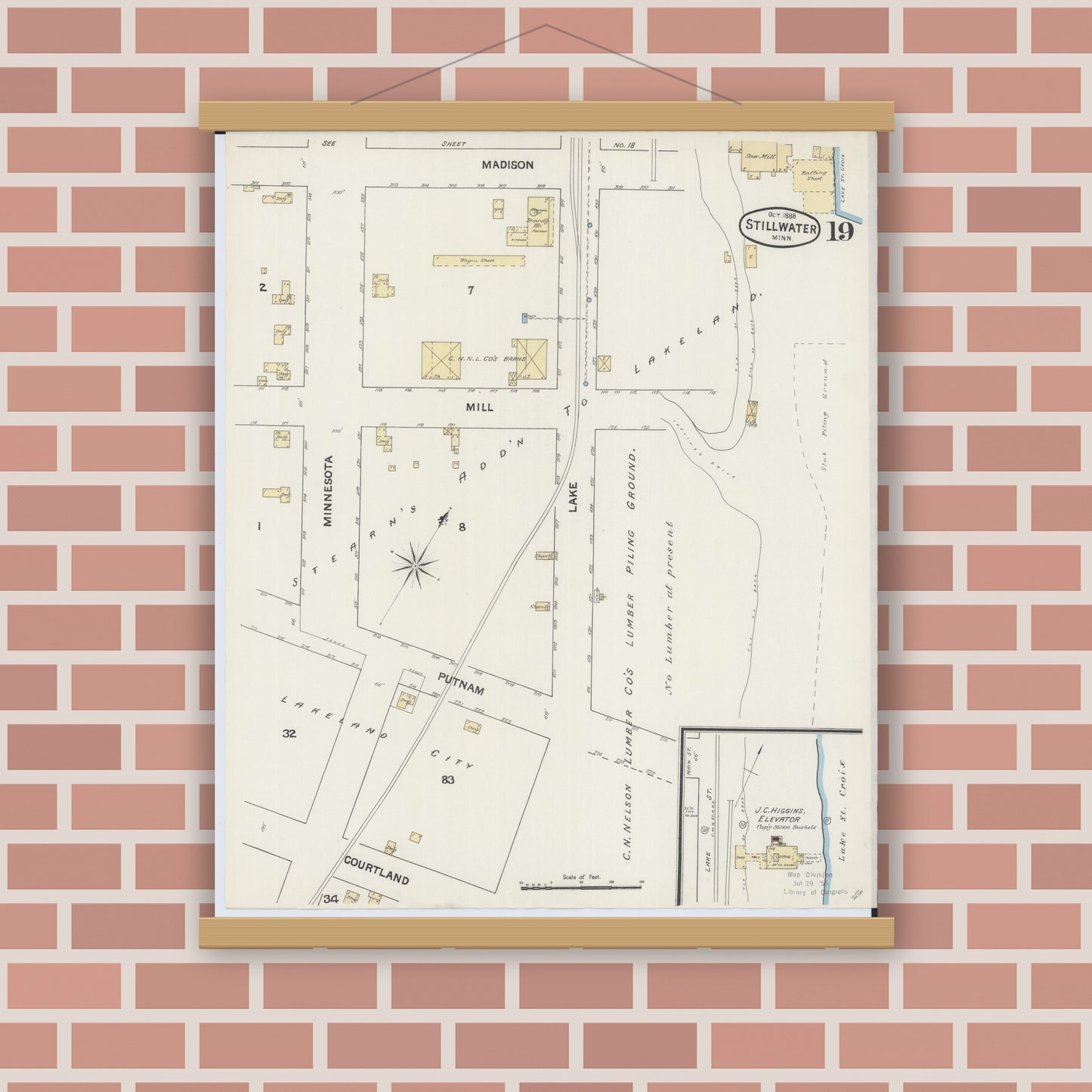 Old map wall art mockup — magnetic wood frame on brick wall — Sanborn Fire Insurance Map from Stillwater, Washington County, Minnesota (1888), Sheet #0019