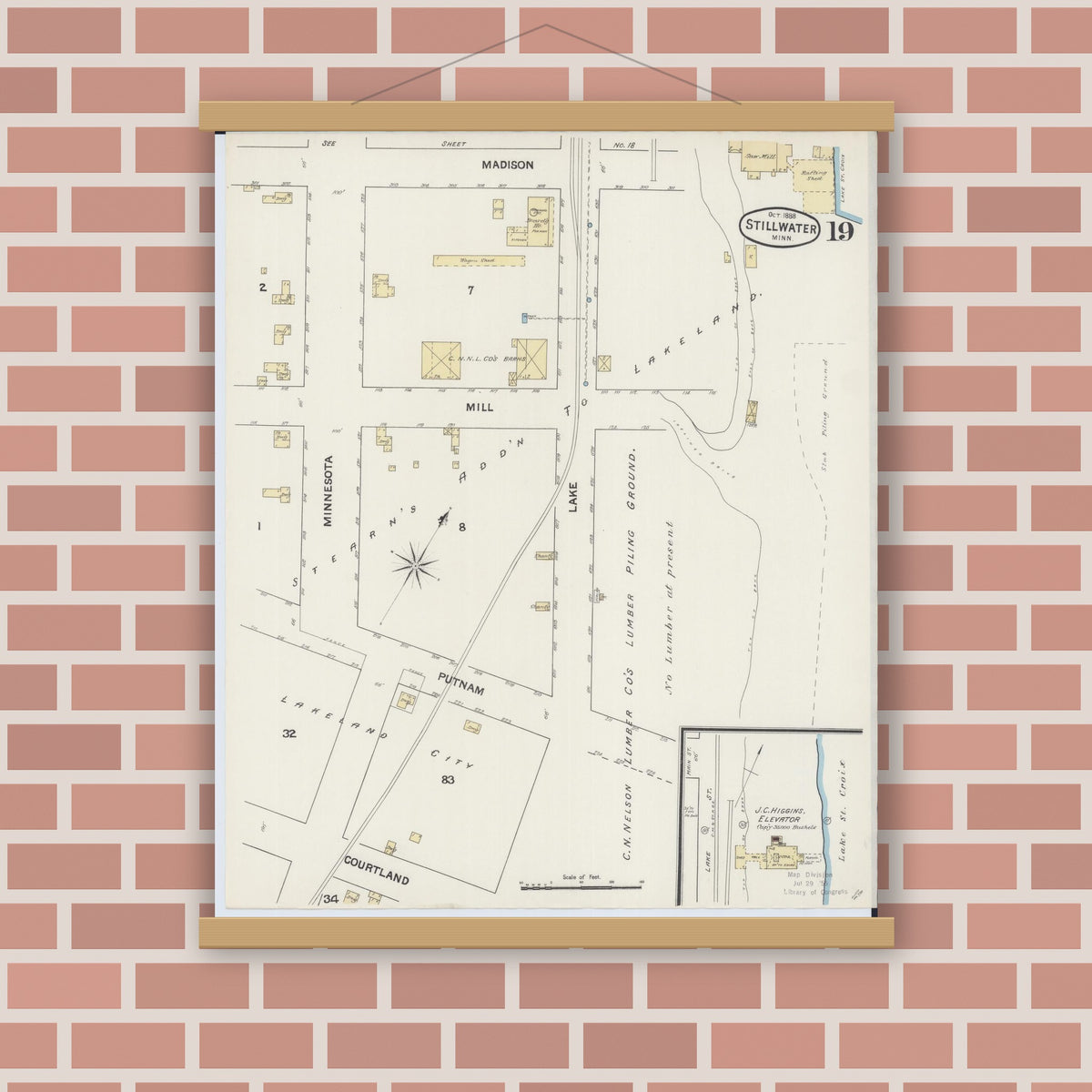 Old map wall art mockup — magnetic wood frame on brick wall — Sanborn Fire Insurance Map from Stillwater, Washington County, Minnesota (1888), Sheet #0019