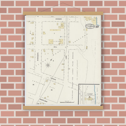 Old map wall art mockup — magnetic wood frame on brick wall — Sanborn Fire Insurance Map from Stillwater, Washington County, Minnesota (1888), Sheet #0019