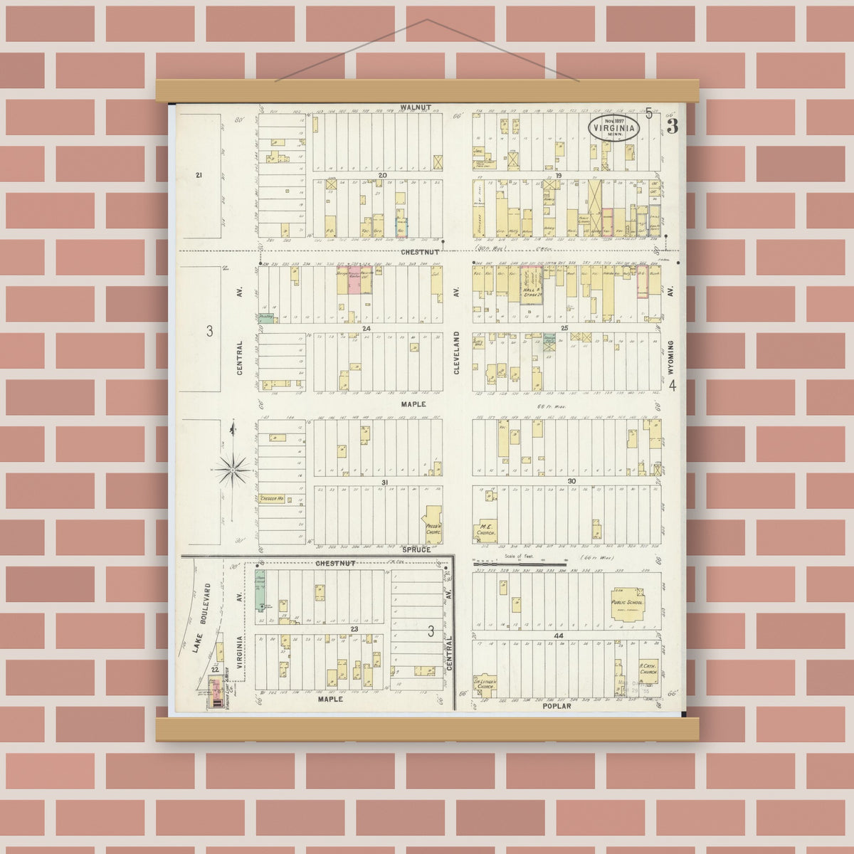 Old map wall art mockup — magnetic wood frame on brick wall — Sanborn Fire Insurance Map from Virginia, Saint Louis County, Minnesota (1897), Sheet #0003