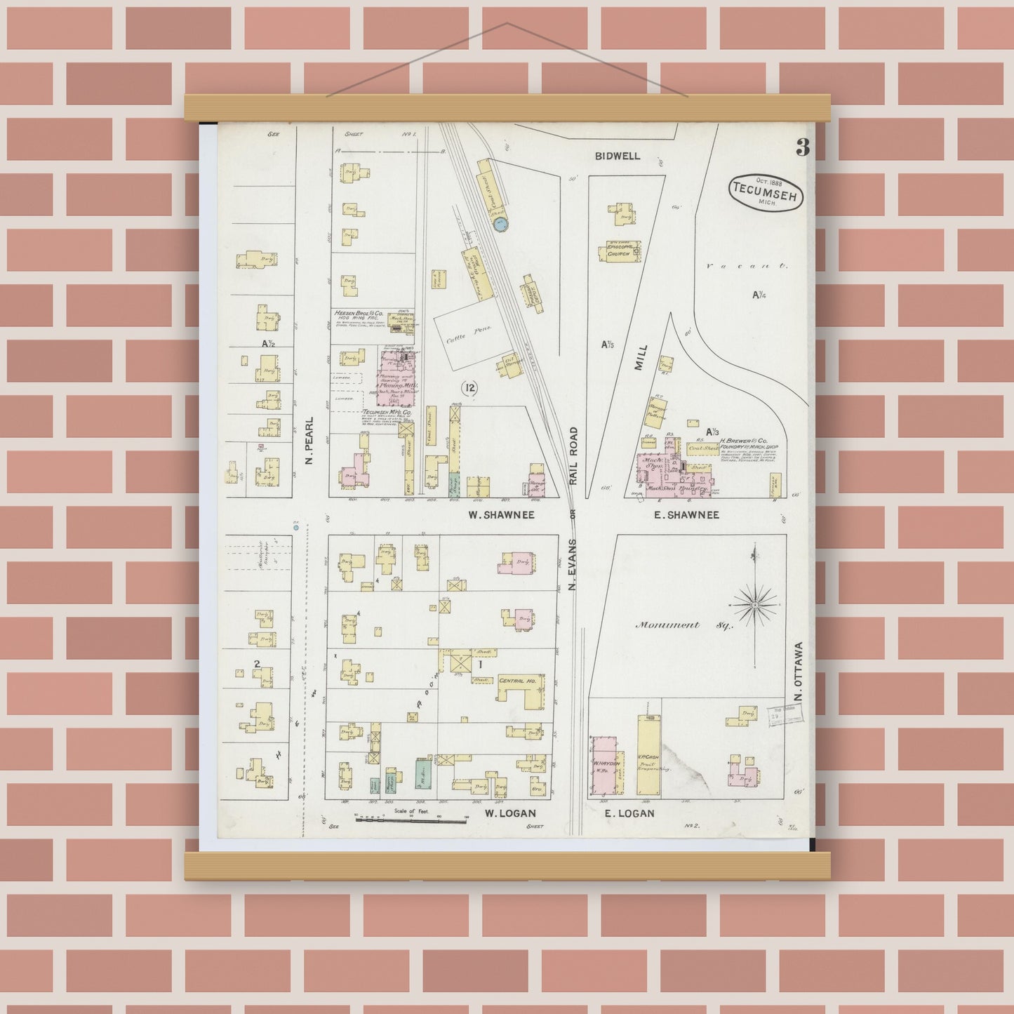 Old map wall art mockup — magnetic wood frame on brick wall — Sanborn Fire Insurance Map from Tecumseh, Lenawee County, Michigan (1888), Sheet #0003