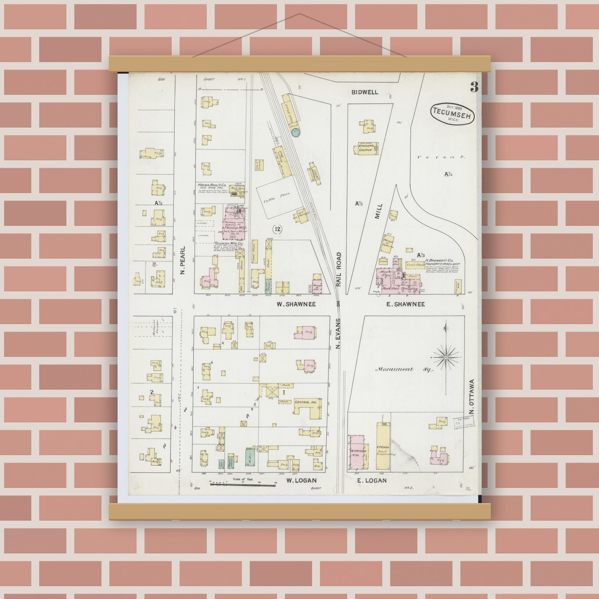 Old map wall art mockup — magnetic wood frame on brick wall — Sanborn Fire Insurance Map from Tecumseh, Lenawee County, Michigan (1888), Sheet #0003