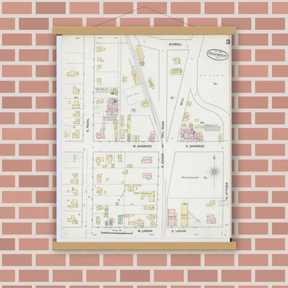 Old map wall art mockup — magnetic wood frame on brick wall — Sanborn Fire Insurance Map from Tecumseh, Lenawee County, Michigan (1888), Sheet #0003