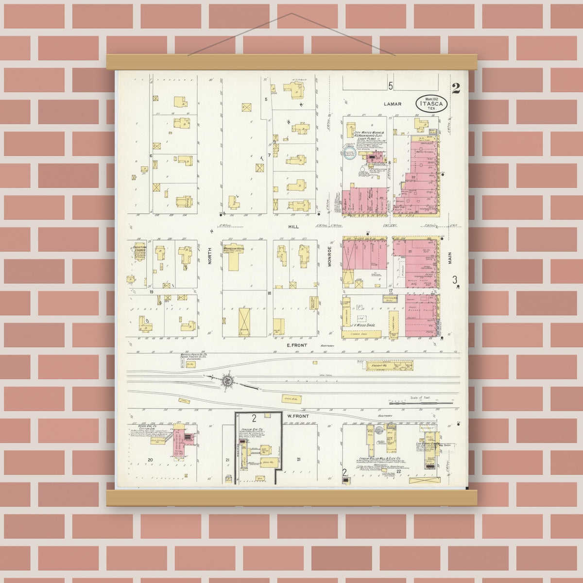 Old map wall art mockup — magnetic wood frame on brick wall — Sanborn Fire Insurance Map from Itasca, Hill County, Texas (1912), Sheet #0002