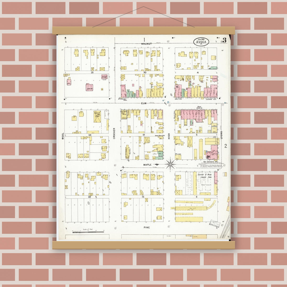 Old map wall art mockup — magnetic wood frame on brick wall — Sanborn Fire Insurance Map from Avoca, Pottawattamie County, Iowa (1899), Sheet #0003