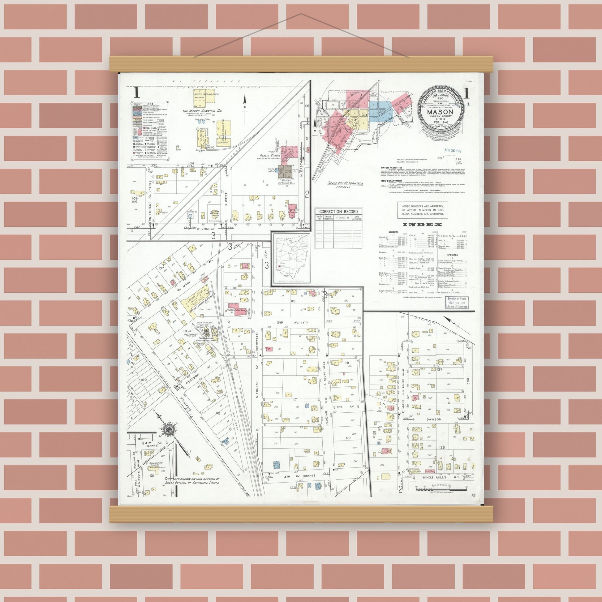 Old map wall art mockup — magnetic wood frame on brick wall — Sanborn Fire Insurance Map from Mason, Warren County, Ohio (1946), Sheet #0001