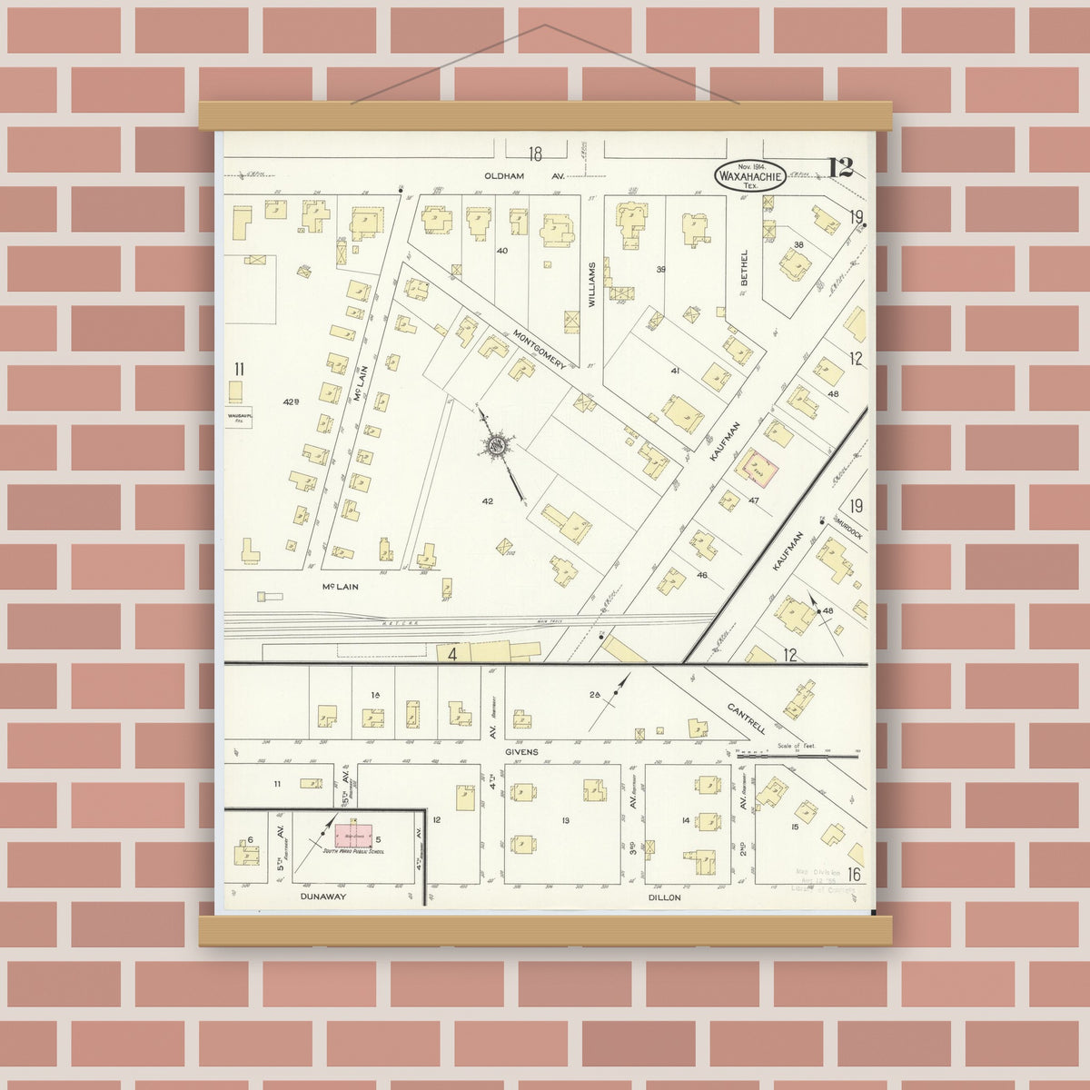 Old map wall art mockup — magnetic wood frame on brick wall — Sanborn Fire Insurance Map from Waxahachie, Ellis County, Texas (1914), Sheet #0012